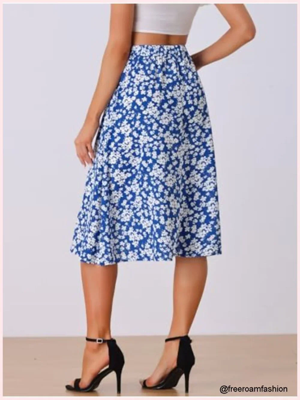 Floral A-Line Midi Skirt with Pockets High Waisted Chiffon Flowy Spring Summer